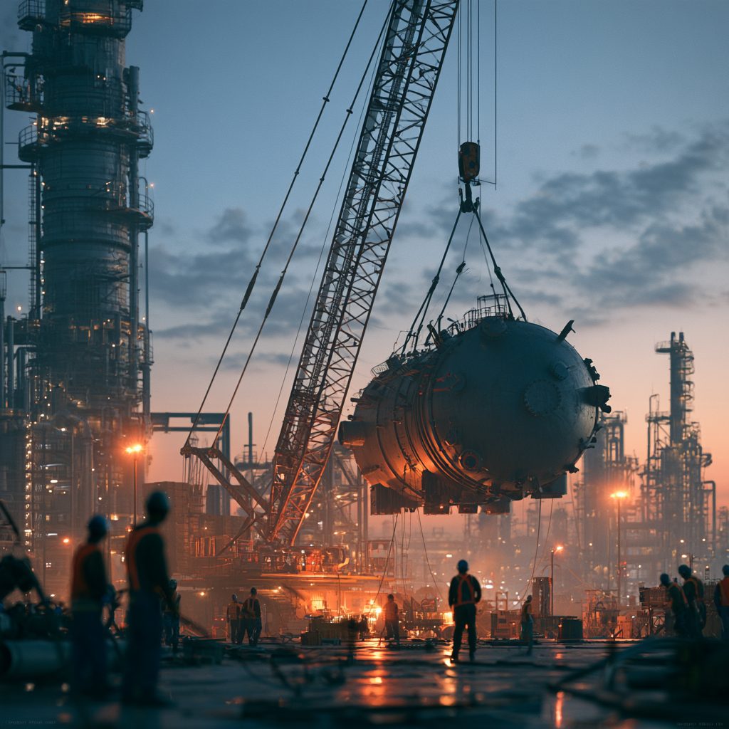 Crawler crane setting a spherical vessel at dusk
